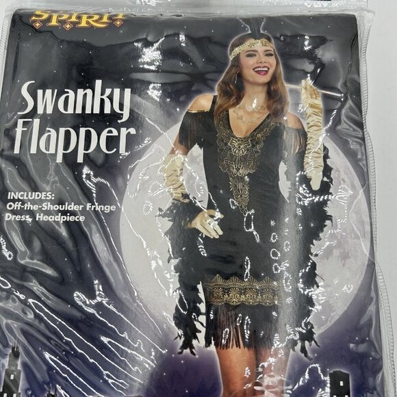 Swanky Flapper Black Gold Spirit Halloween Costume & Headpiece Sz M (6-10) - Picture 2 of 4